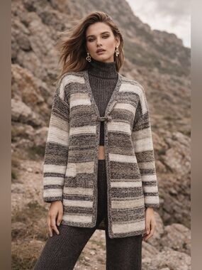 J JILL Intarsia Textured Cardigan Zinc Multi Striped  Sz Small Neutral Boho Cozy